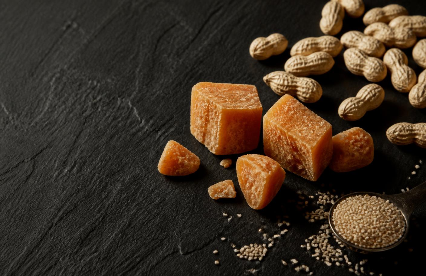 Blocks of pure jaggery with raw peanuts and sesame seeds on dark slate